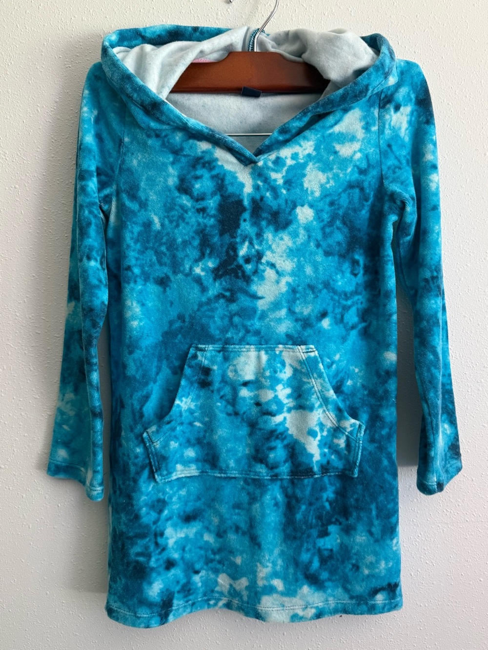 Lands’ End Girls Tie Dye Hoodie Dress Size 6-7 Blue French Terry